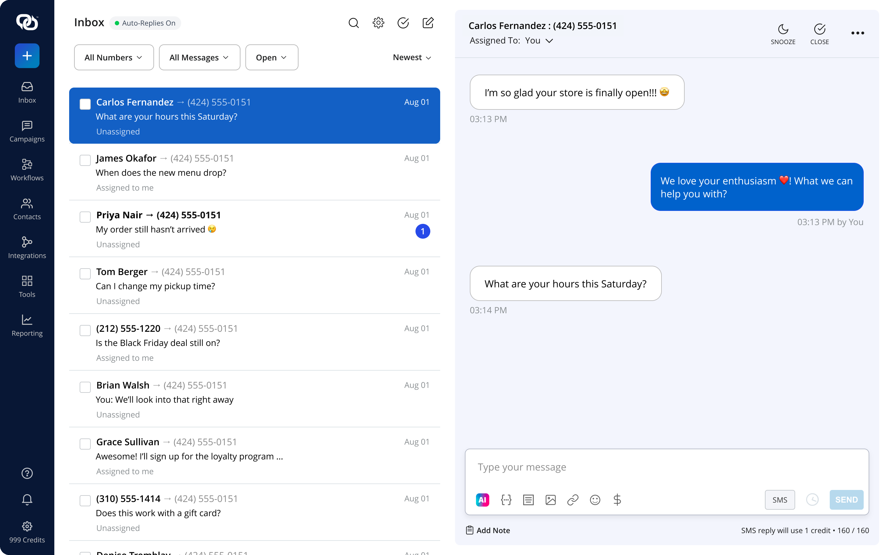 The EZ Texting two-way inbox showing threaded SMS conversations with customers, with one conversation open on the right