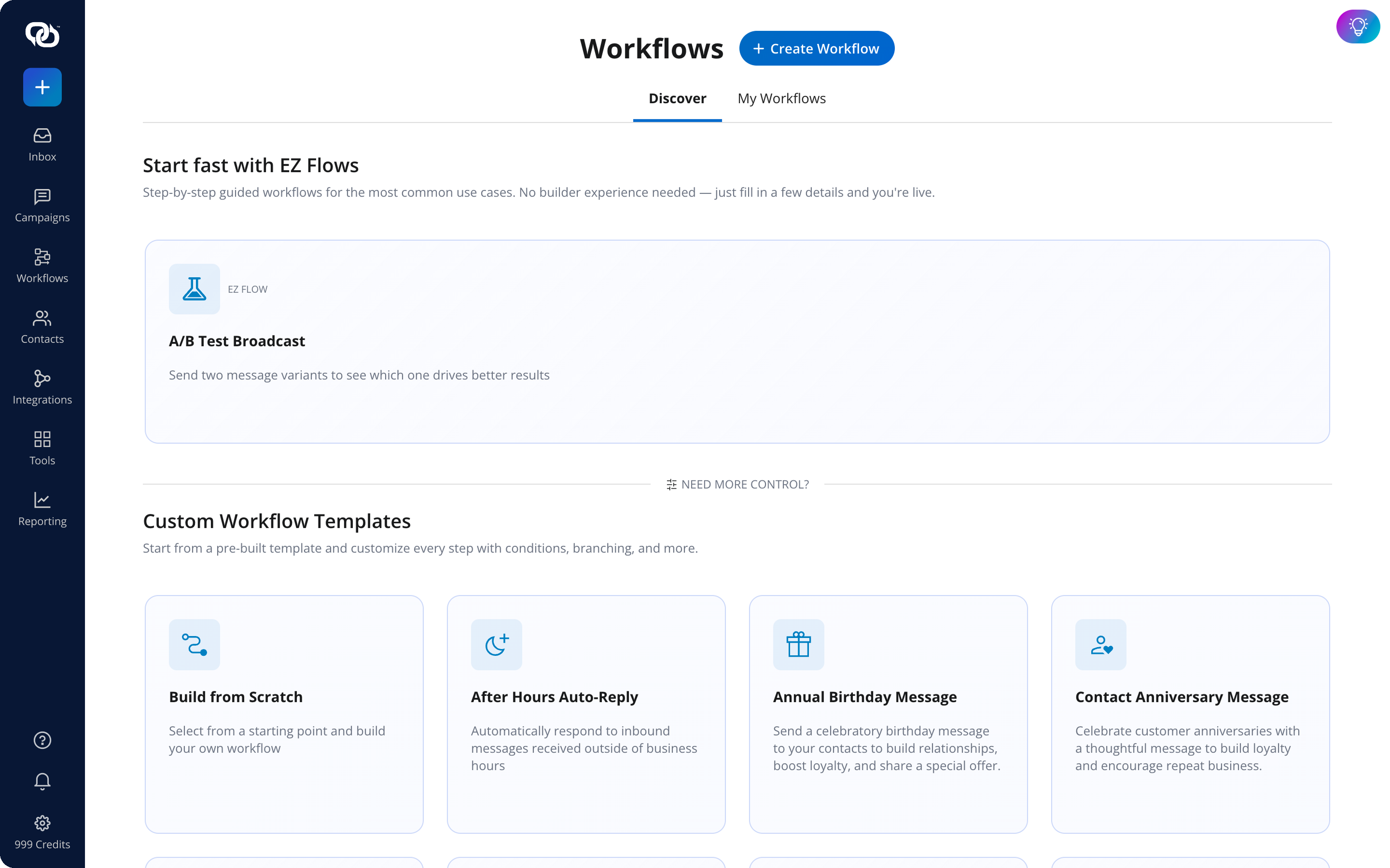 The EZ Texting Workflows builder showing EZ Flows templates and multi-step sequences