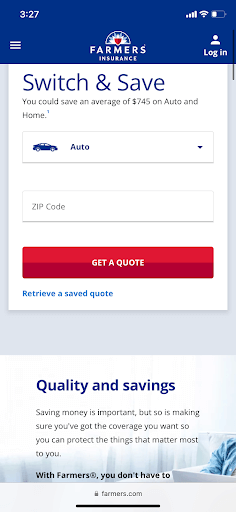 Farmers Insurance mobile landing page