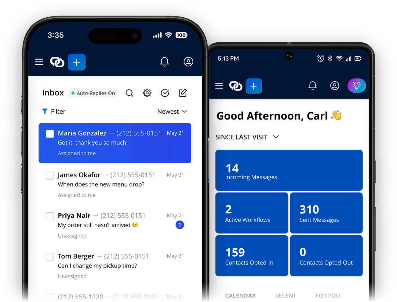 The EZ Texting app on an iPhone showing the shared inbox, and on an Android phone showing the account dashboard