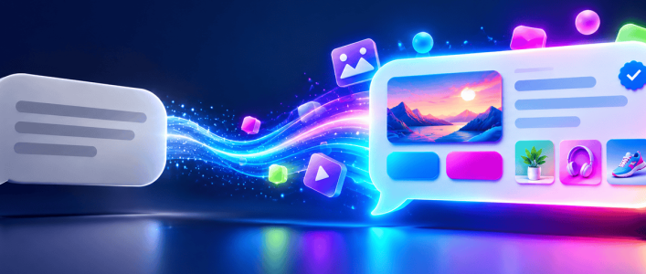 A plain gray SMS text bubble transforming into a colorful RCS message card with an image, buttons, a product carousel, and a verified badge