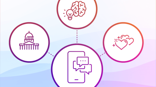 Illustration of our political icon, a brain and a heart all tracing back to a smartphone