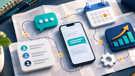 Illustration of an SMS marketing roadmap guiding the steps of a complete text-message campaign