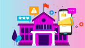 Illustration of a school building with smaller icons like a megaphone, heart, exclamation point, etc (to signify communication)