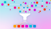 Illustration depicting contacts getting filters by color lanes. The image begins with a bunch of dots or icons representing contacts that are all multi-colored and mixed together. In the middle of the image is a funnel or filter representing the act of uploading, and at the bottom of the image is an organized line of contacts pooling into their respective “lane” or list.