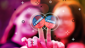 Illustration of people wearing “VOTE” pins