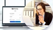 Desktop computer showing EZ Texting app upon login and a person behind laptop having an “aha” moment