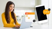 Girl on laptop with calendar and mobile icons