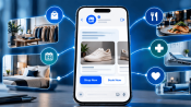 Smartphone showing a rich RCS business message with a product carousel and Shop Now and Book Now buttons, surrounded by retail, hospitality, restaurant, healthcare, and wellness use-case images